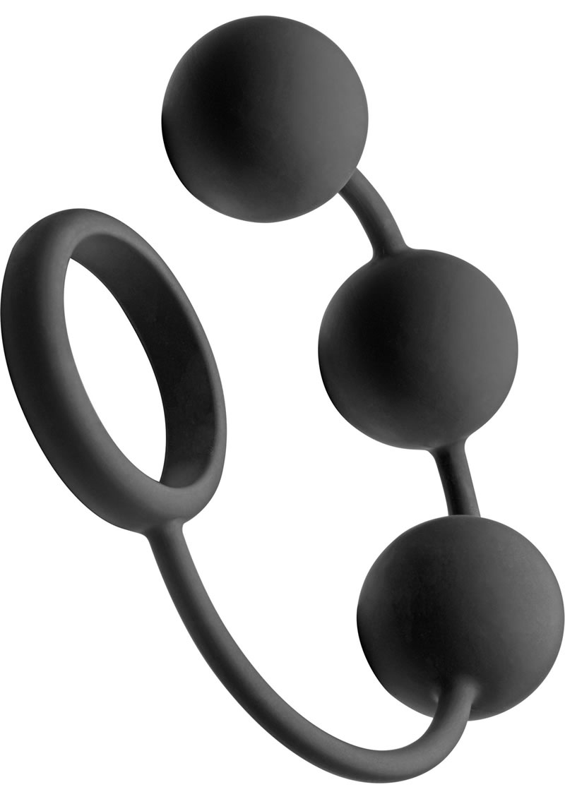 Tom Of Finland Silicone Cock Ring With 3 Weighted Anal Balls Black 12 Inch