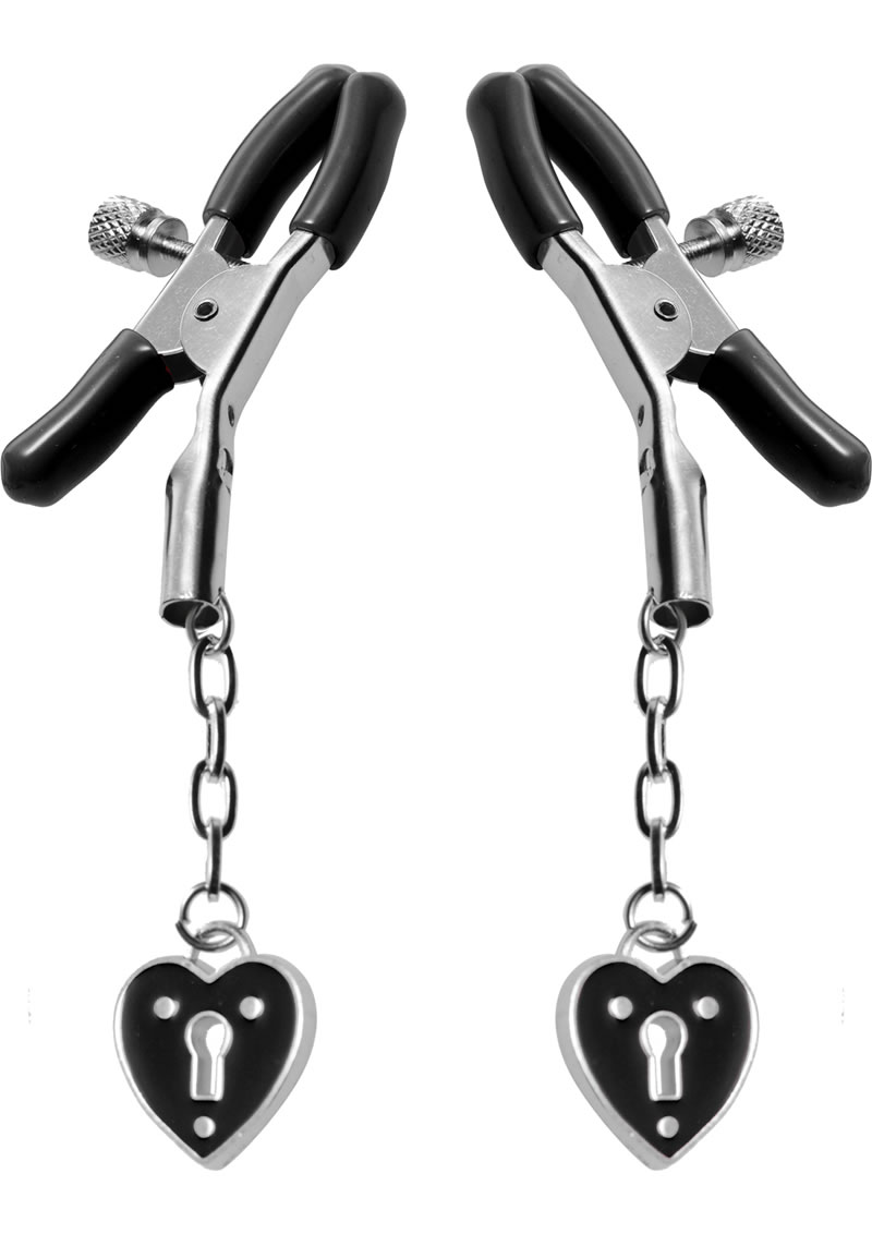 Master Series Platinum Bound Charmed Heart Padlock Nipple Clamps