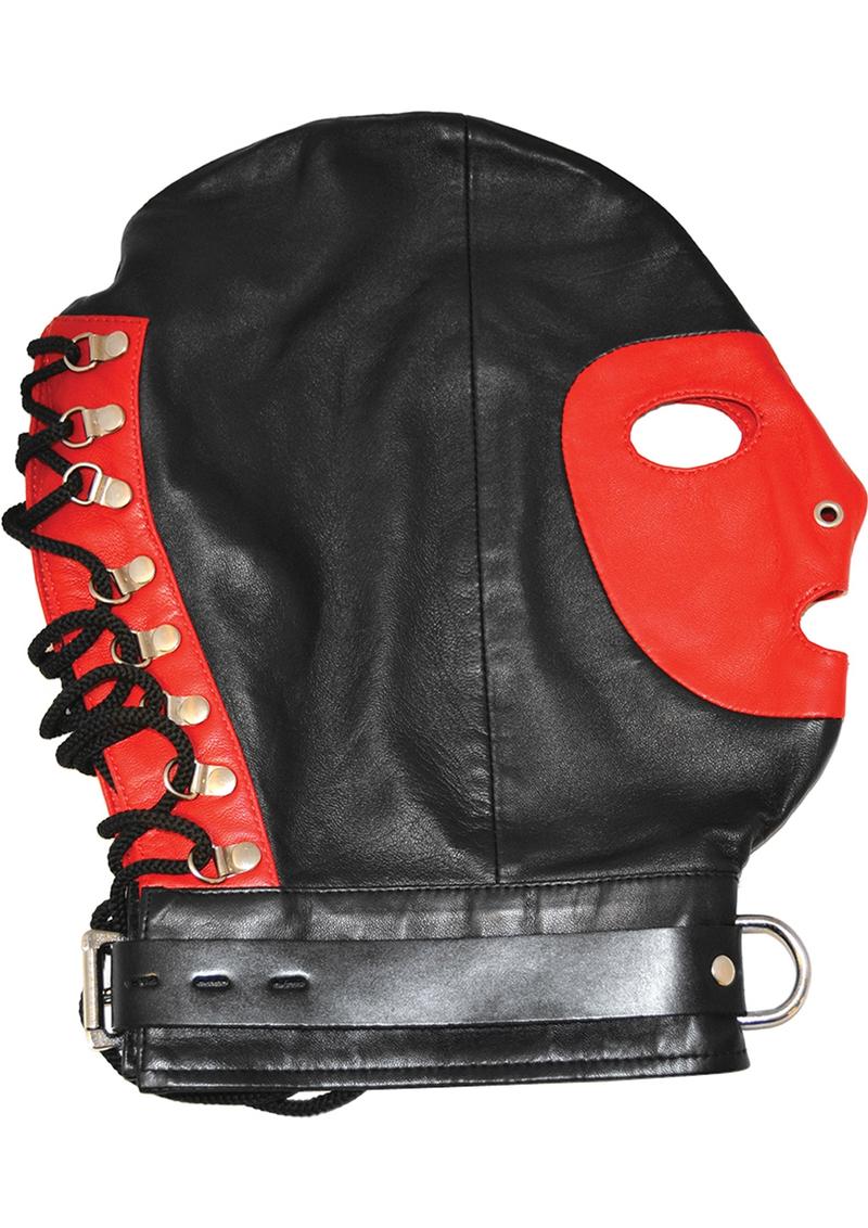 Rouge Mask With D Ring And Lock Strap Leather And Metal Black And Red