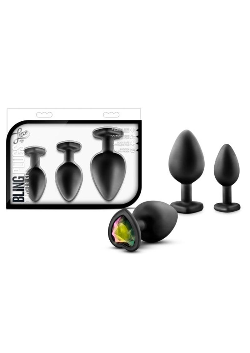 Luxe Bling Silicone Anal Plugs Trainer Kit Black With Rainbow Gems