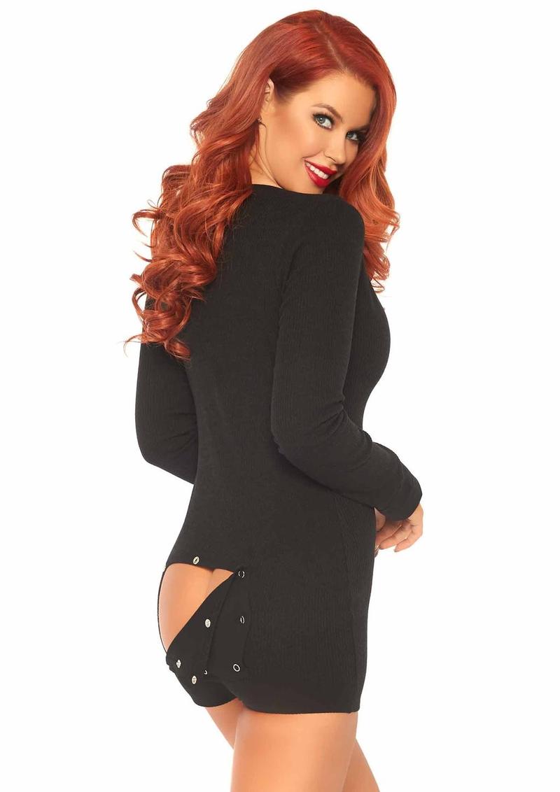 Leg Avenue Brushed Rib Romper Long Johns With Cheeky Snap Closure Back Flap - Medium/Large - Black