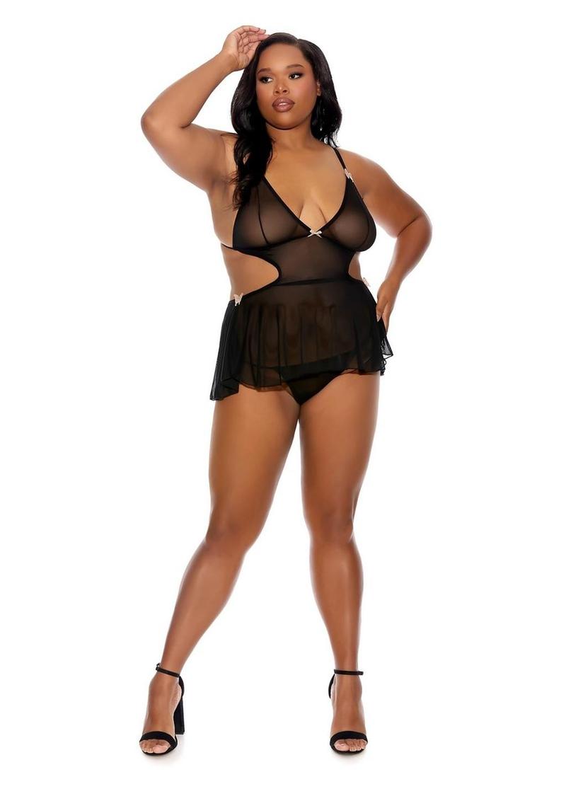 Barely Bare Tie-Back Baby Doll Teddy and Thong - Plus Size - Black