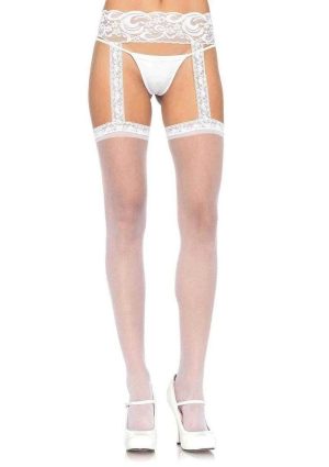 Leg Avenue Sheer Thi-Hi with Lace Garter Belt - O/S - White