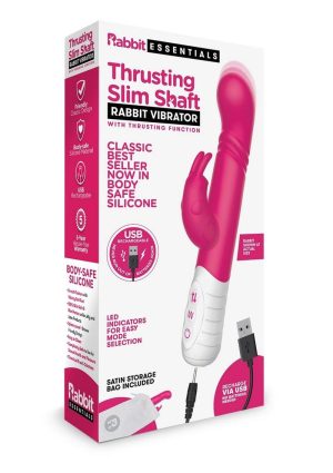 Rabbit Essentials Silicone Rechargeable Slim Shaft Thrusting G-Spot Rabbit Vibrator - Pink