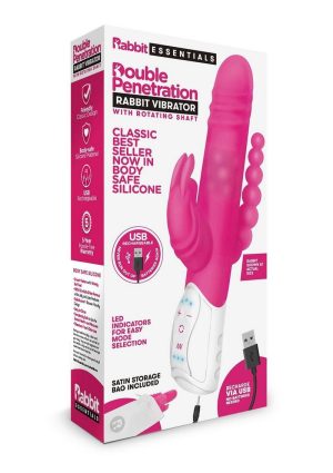 Rabbit Essential Silicone Rechargeable Double Penetration Rabbit Vibrator - Hot Pink