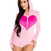 Leg Avenue Sweetheart Bear Velvet Zip Up Romper with Heart Accent - Medium - Pink