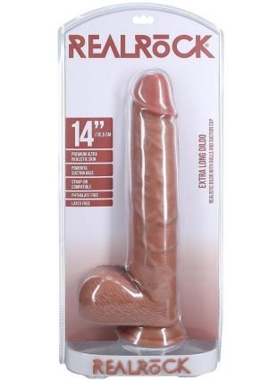 RealRock Ultra Realistic Skin Extra Large Straight Dildo with Balls and Suction Cup 14in - Caramel