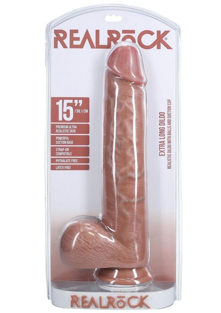 RealRock Ultra Realistic Skin Extra Large Straight Dildo with Balls and Suction Cup 15in - Caramel