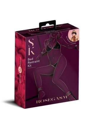 Secret Kisses Rosegasm Bed Restraint Kit with Satin Blindfold - Red/Black