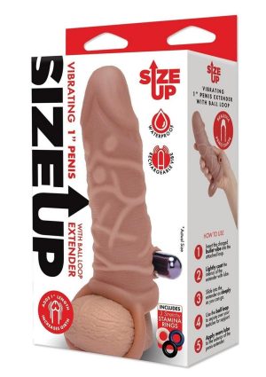 Size Up Silicone Vibrating Realistic Penis Extender with Ball Loop 1in - Caramel