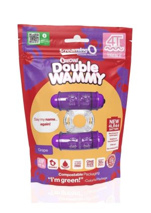 4T Double Wammy Silicone Rechargeable Dual Vibrating Couples Cock Ring - Grape