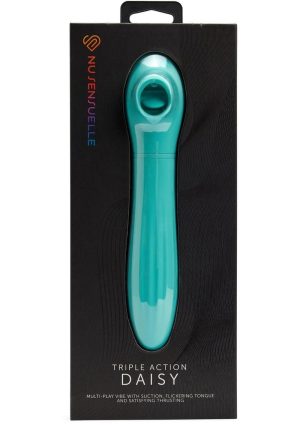 Nu Sensuelle Daisy Rechargeable Silicone Triple Action Thrusting Tongue Suction Vibrator - Electric Blue