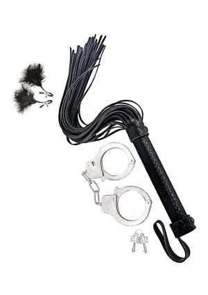 Nasstoys Bondage Whip Feather Clamps and Cuffs Kit - Black