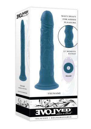 Tsunami Rechargeable Silicone Realistic Vibrator with Remote - Blue