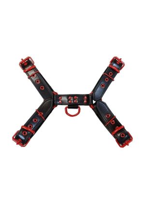 Rouge Leather Over The Head Harness Black with Red Accessories - Medium