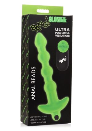 Bang! 28X Glow in the Dark Silicone Rechargeable Anal Beads with Remote - Green