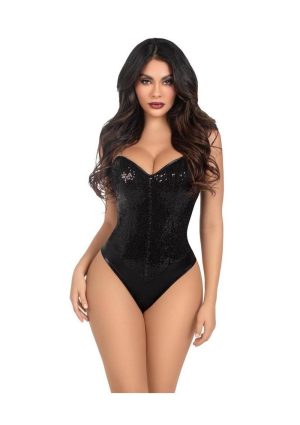 Leg Avenue Sequin Boned Snap Crotch Bodysuit with Detachable Clear Strap (2 Piece) - Small - Black