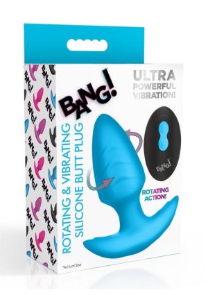 Bang! Rotating Vibrating Rechargeable Silicone Butt Plug with Remote - Blue