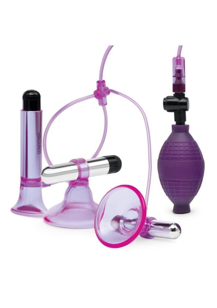 Lux Fetish Vibrating Nipple Suckers with Clitoral Pump and Quick Release - Purple/Silver