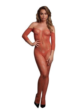 Le Desir Lace Long Sleeved Bodystocking - O/S - Sunset Glow Orange