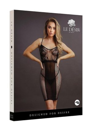 Le Desir Knee Length Lace and Fishnet Dress - O/S - Black