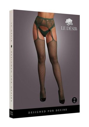 Le Desir Fishnet and Lace Garterbelt Stocking - O/S - Green