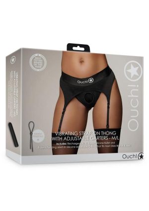 Ouch! Vibrating Strap-On Thong with Adjustable Garters Rechargeable - M/L - Black