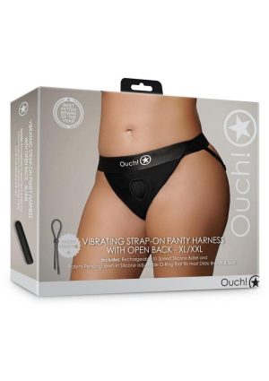 Ouch! Vibrating Strap-On Panty Harness with Open Back Rechargeable - XL/2XL - Black