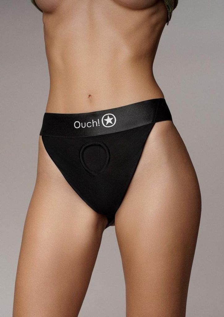 Ouch! Vibrating Strap-On Panty Harness with Open Back Rechargeable - XS/SM - Black