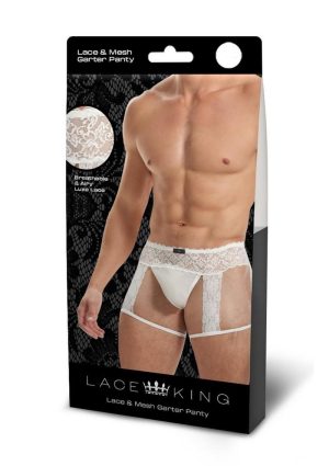 Lace King Men`s Lace and Mesh Garter Panty - L/XL - White