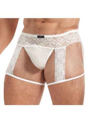 Lace King Men`s Lace and Mesh Garter Panty - M/L - White