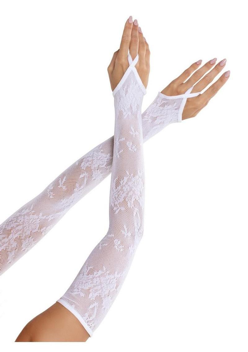 Leg Avenue Floral Net Extra Long Gauntlet Arm Warmers - White - O/S