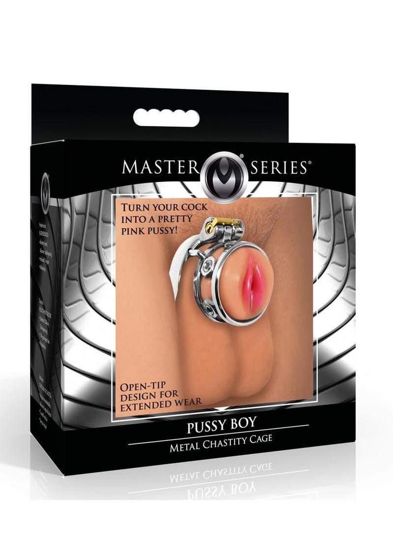 Master Series Pussy Boy Metal Chastity Cage Stainless Steel - Silver/Vanilla