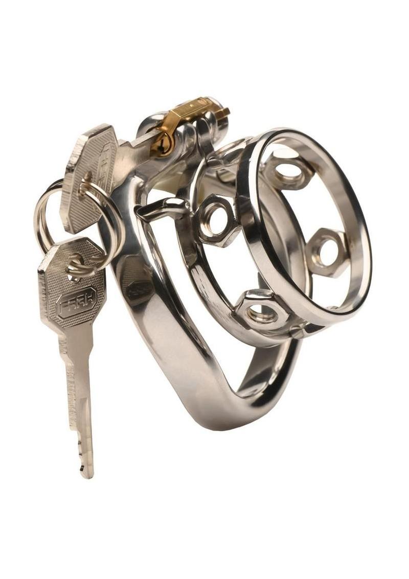 Master Series Pussy Boy Metal Chastity Cage Stainless Steel - Silver/Vanilla