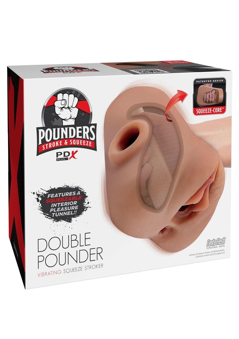 PDX Plus Double Pounder Vibrating Squeeze Stroker - Pussy and Ass - Caramel