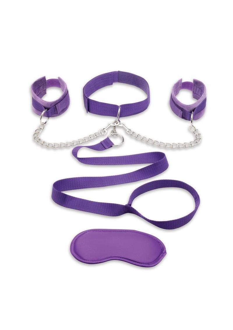 Lux Fetish Collar Cuffs and Leash Set with Removable Cuffs and Leash - Purple